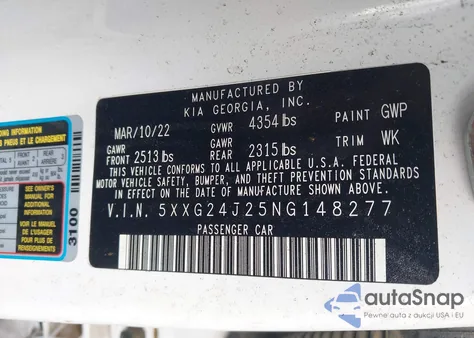 2022 Kia K5 Lx z USA, uszkodzony, nr VIN 5XXG24J25NG148277